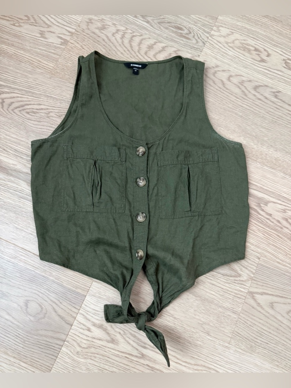 Express Olive Tie-Front Linen Blend Crop Tank